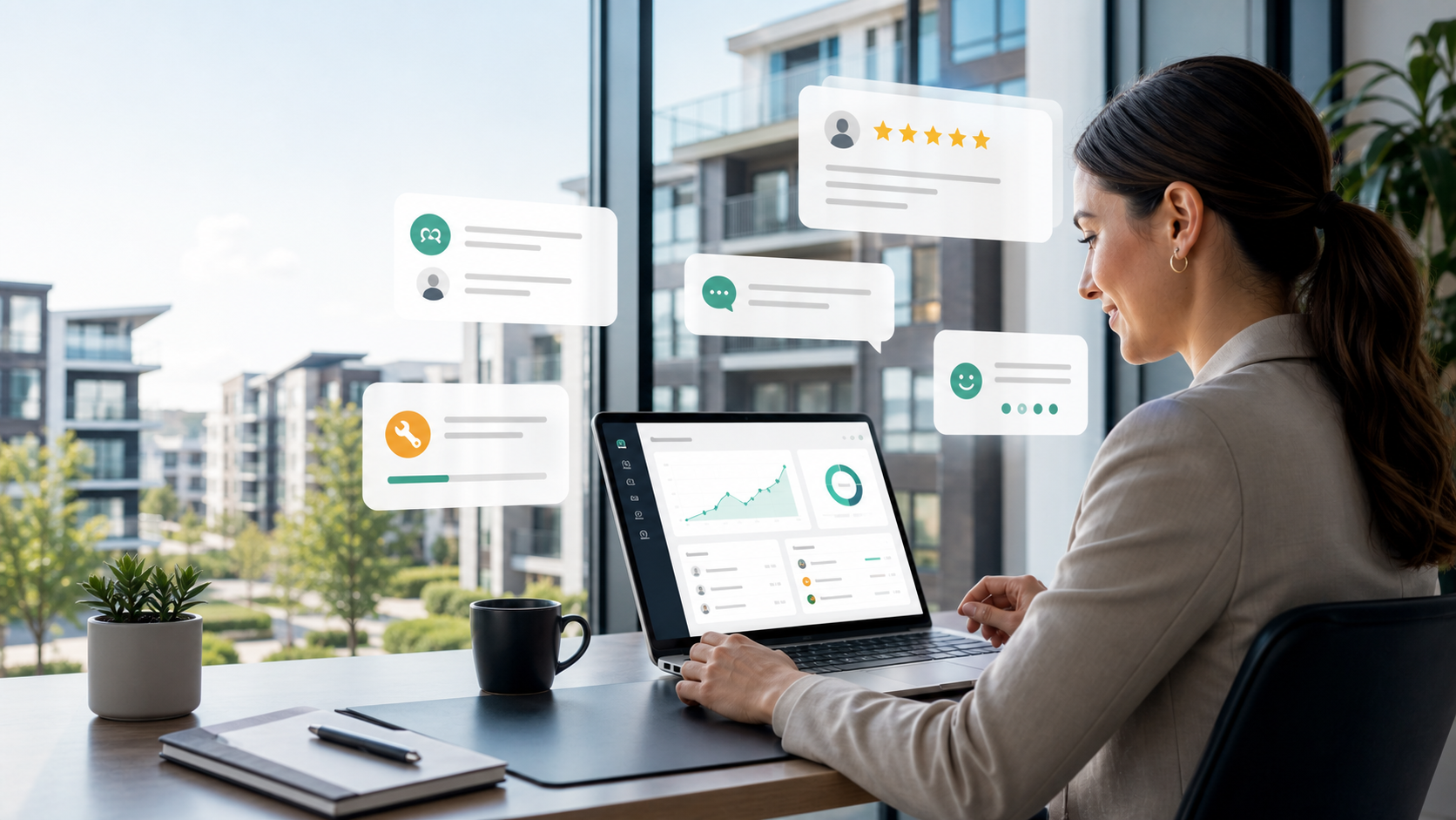 Property manager using review automation, tenant texting, and communication dashboard for apartment communities