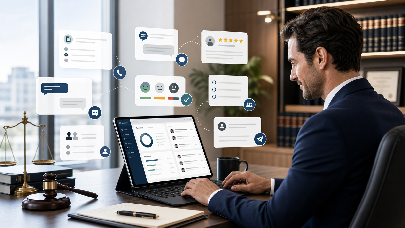 Law firm operations manager using client communication, review automation, webchat, and feedback dashboard