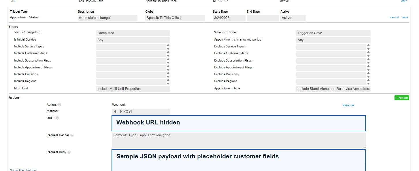 Anonymized FieldRoutes completed appointment webhook payload for Birdeye review request automation