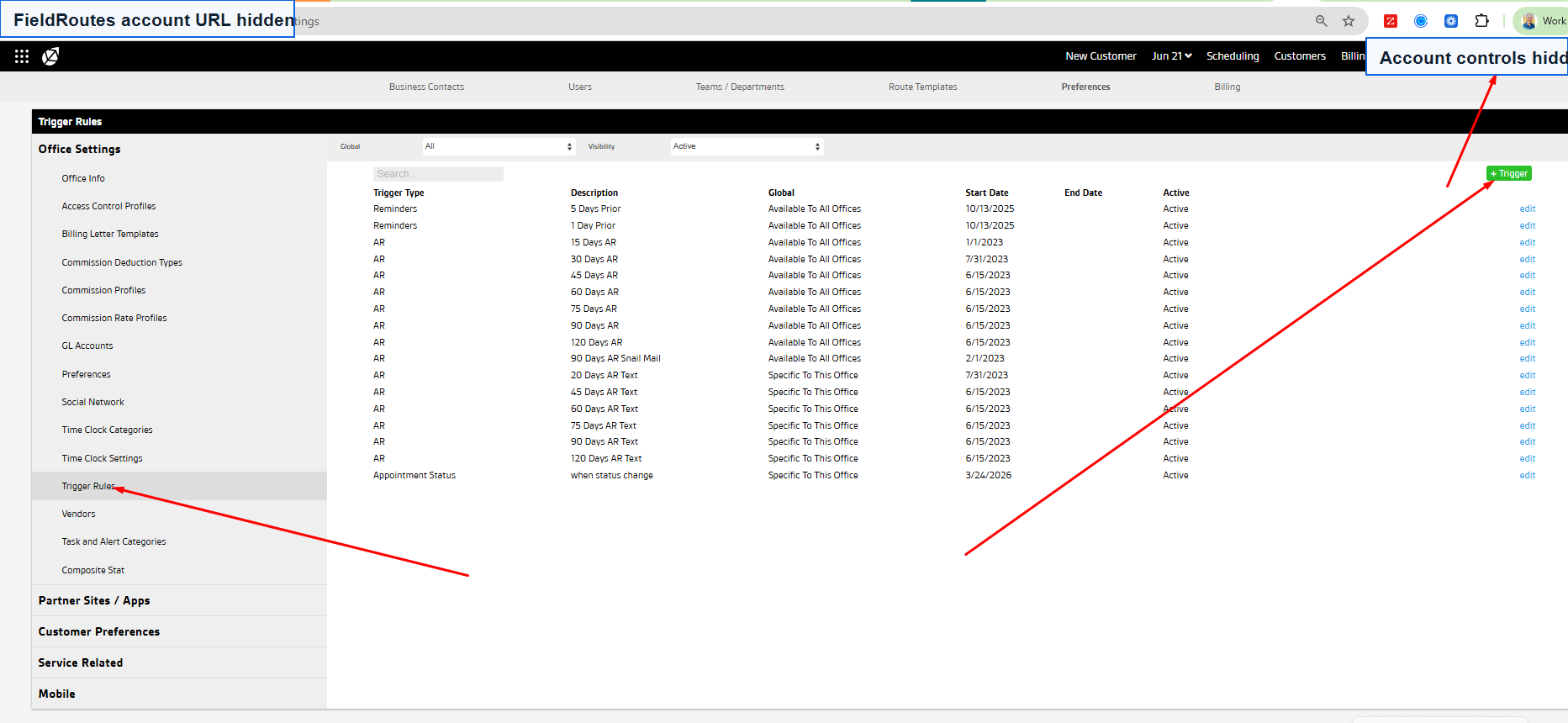 Anonymized FieldRoutes trigger rules for pest control review automation