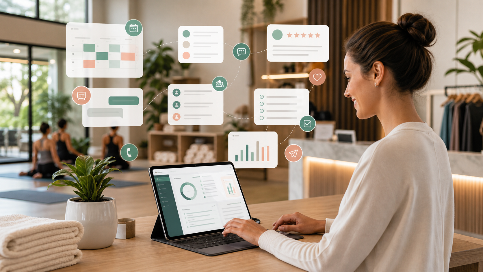 Wellness studio manager using booking automation, client texting, review requests, and feedback dashboard