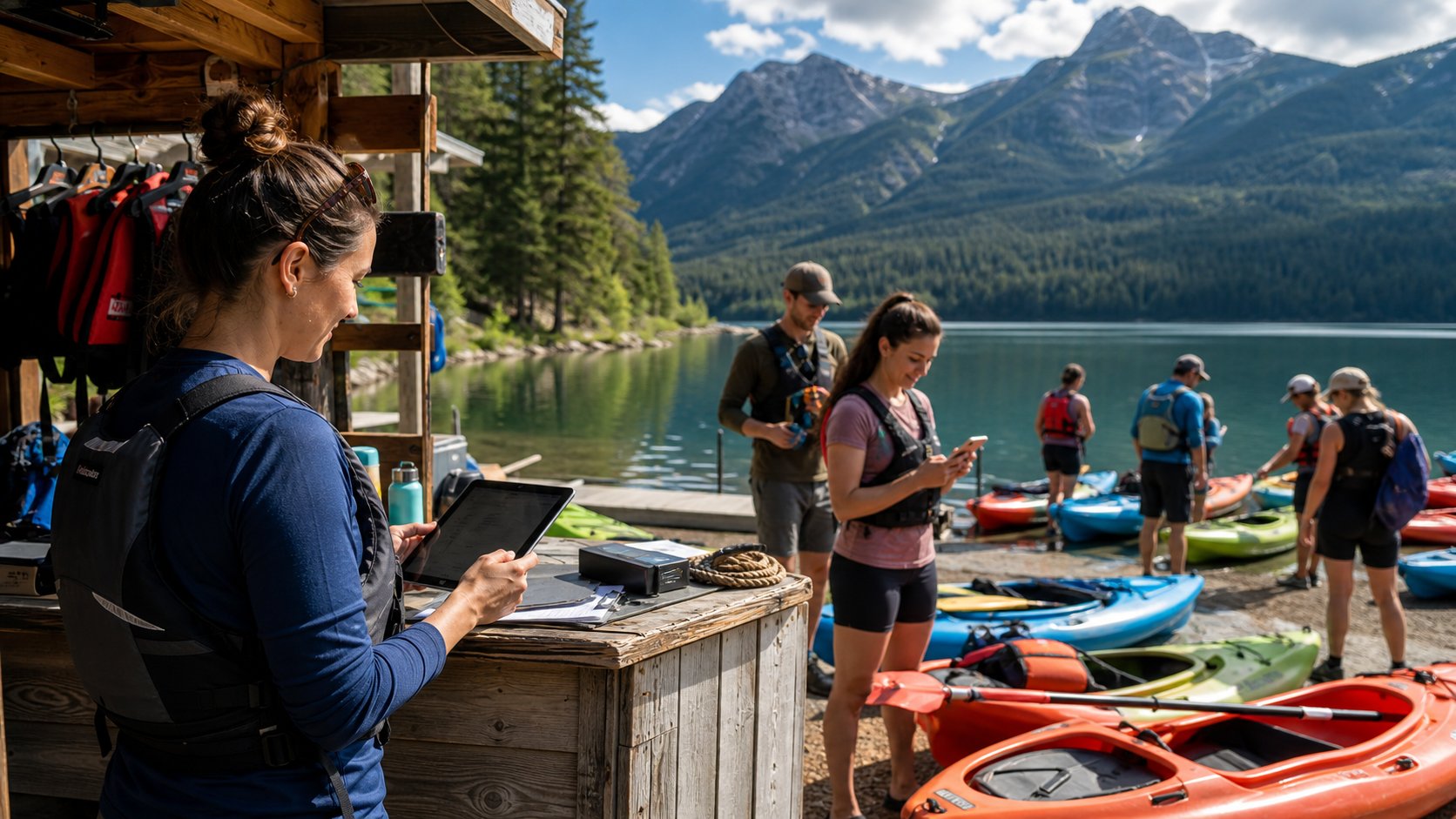 Rezdy adventure operator checking in kayaking guests at a mountain lake