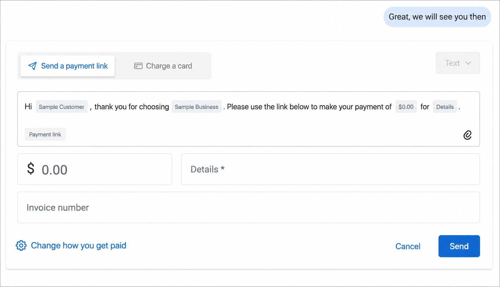 Anonymized Birdeye payment-link composer using sample customer and business names