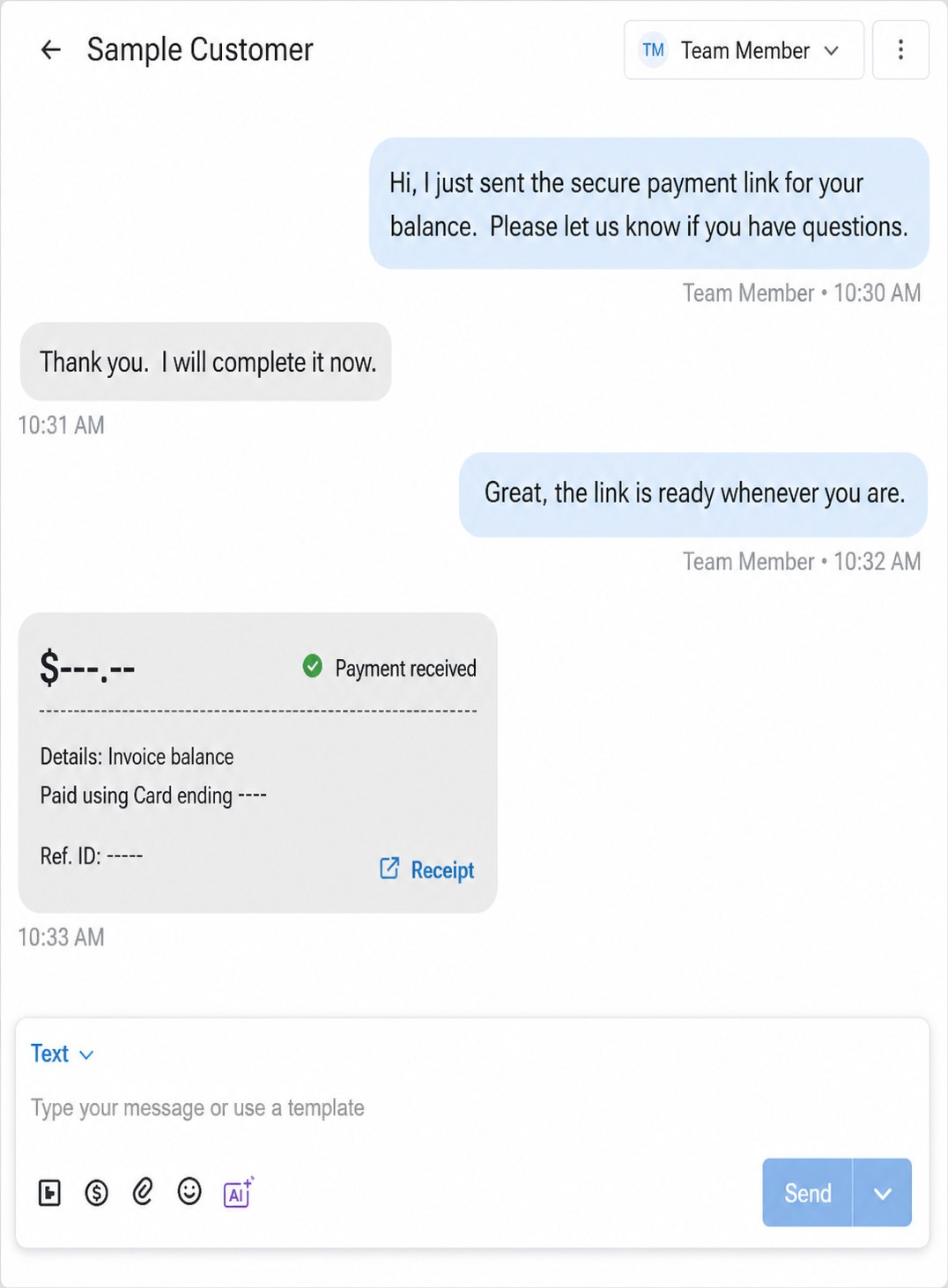 Anonymized Birdeye Inbox conversation showing a masked payment received confirmation