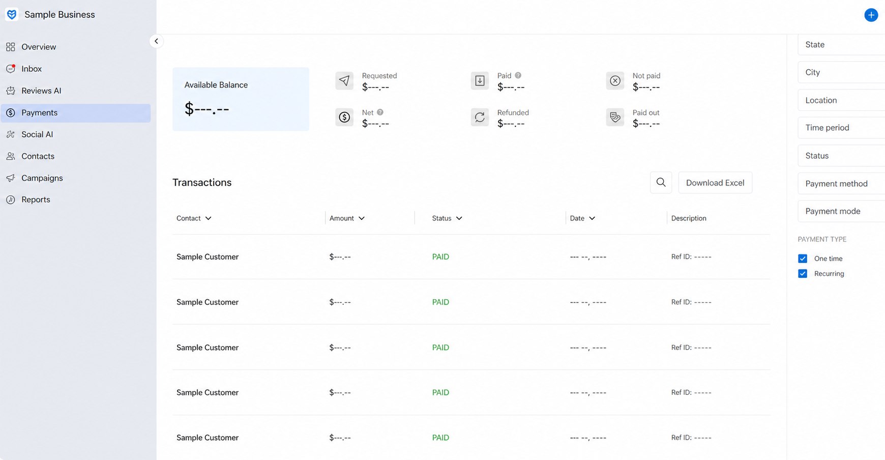 Anonymized Birdeye Payments transaction dashboard with masked customer and payment data