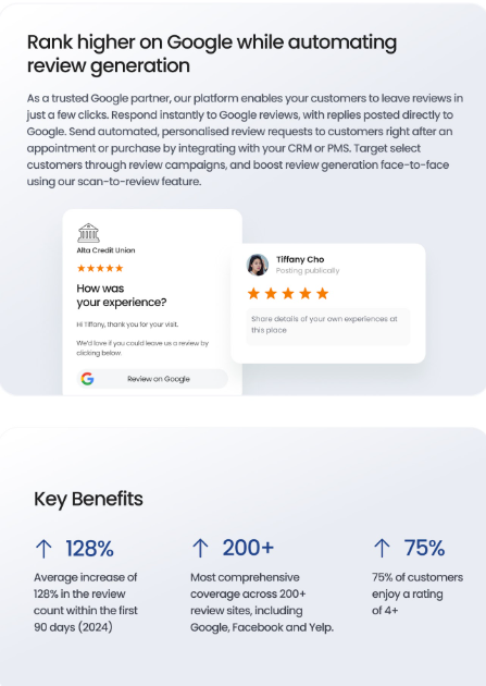 Birdeye review generation screen showing Google review request automation and key review benefits