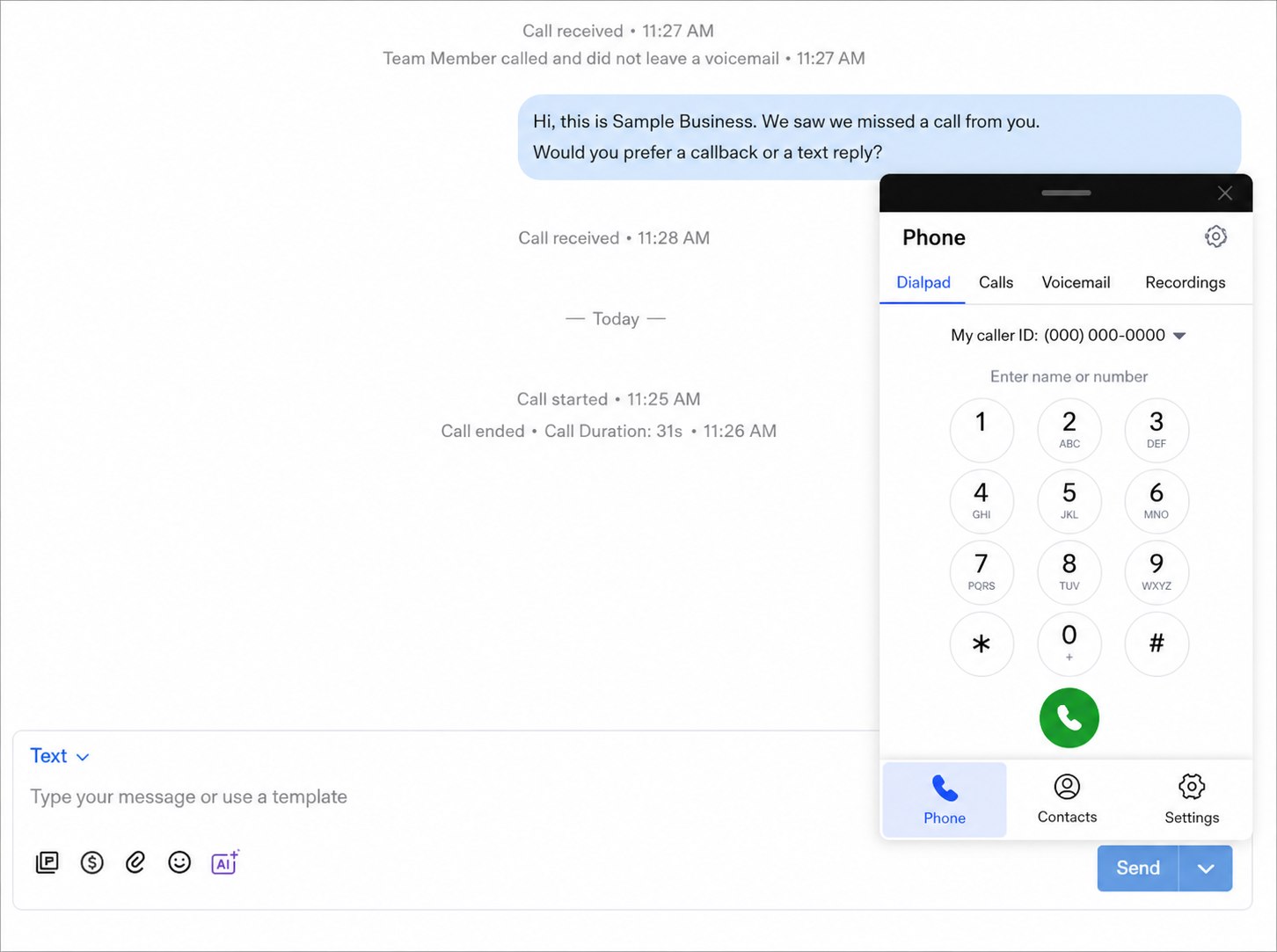 Anonymized Birdeye Inbox interface with a RingCentral-connected desktop phone dialer and masked caller ID