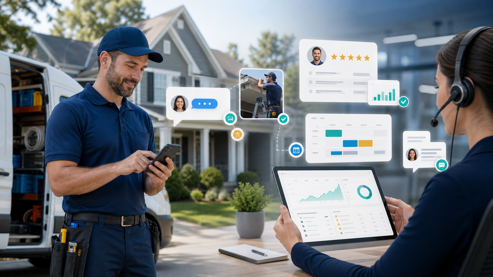 Home service team using review automation, texting, and webchat workflows