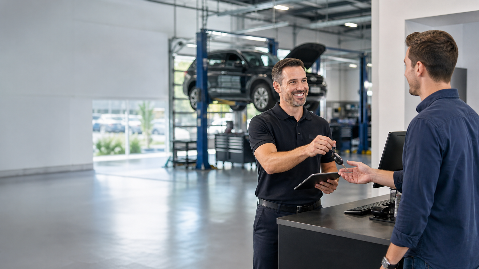 Auto repair service advisor texting customer repair updates