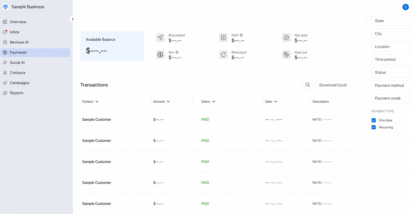 Birdeye payments dashboard screenshot with anonymized payment activity.