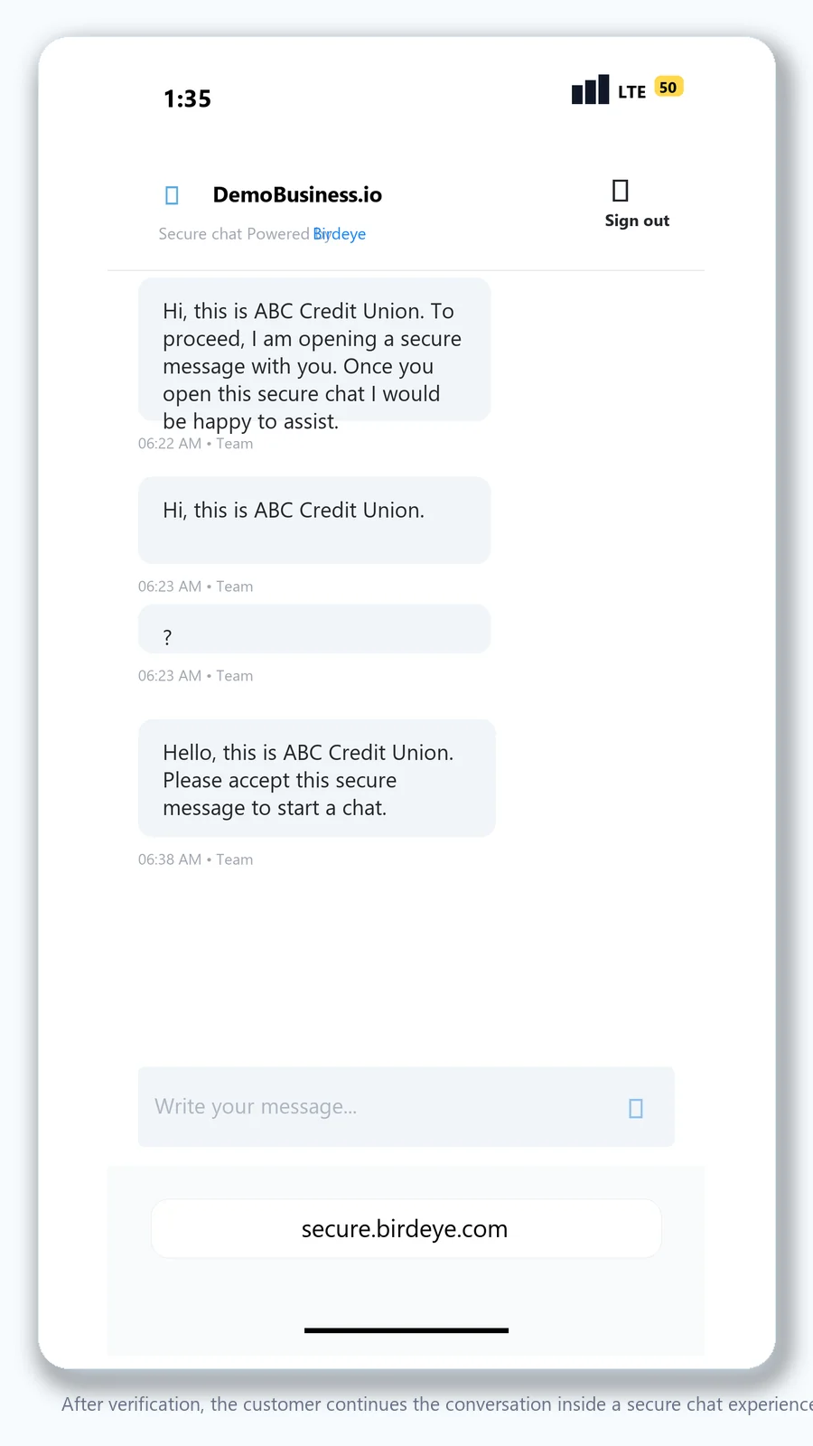 Birdeye secure chat screenshot showing customer conversation flow.