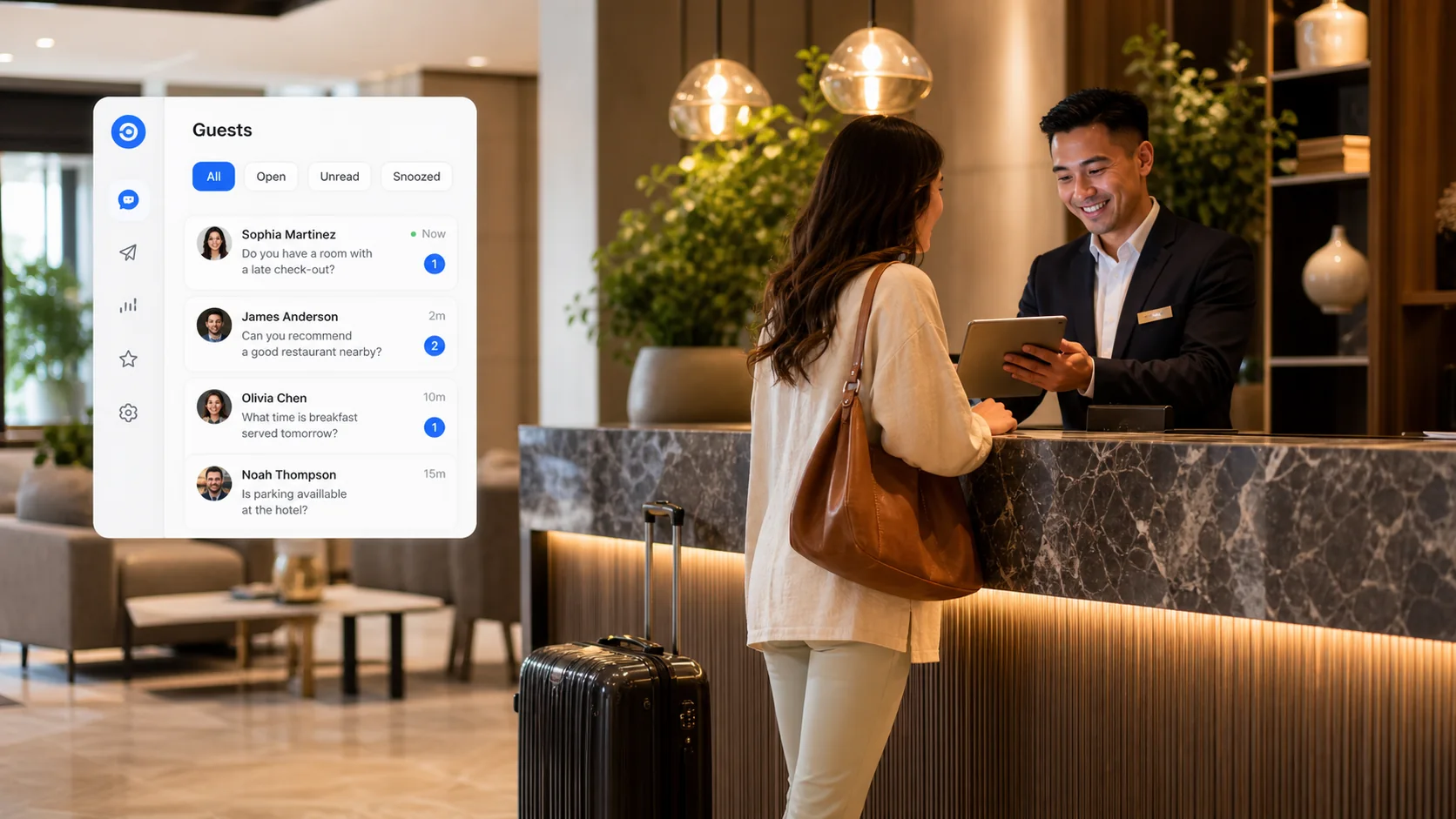 Hotel front desk team using guest messaging and review automation software during check-in