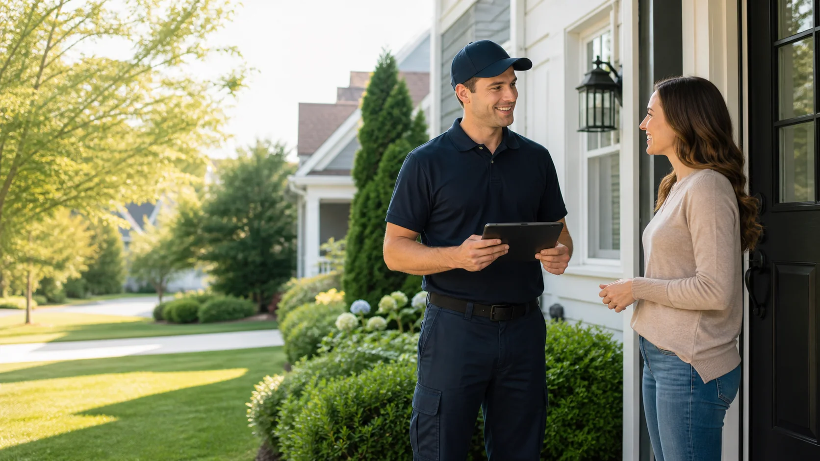 Pest control technician using customer texting and review automation software after a service visit