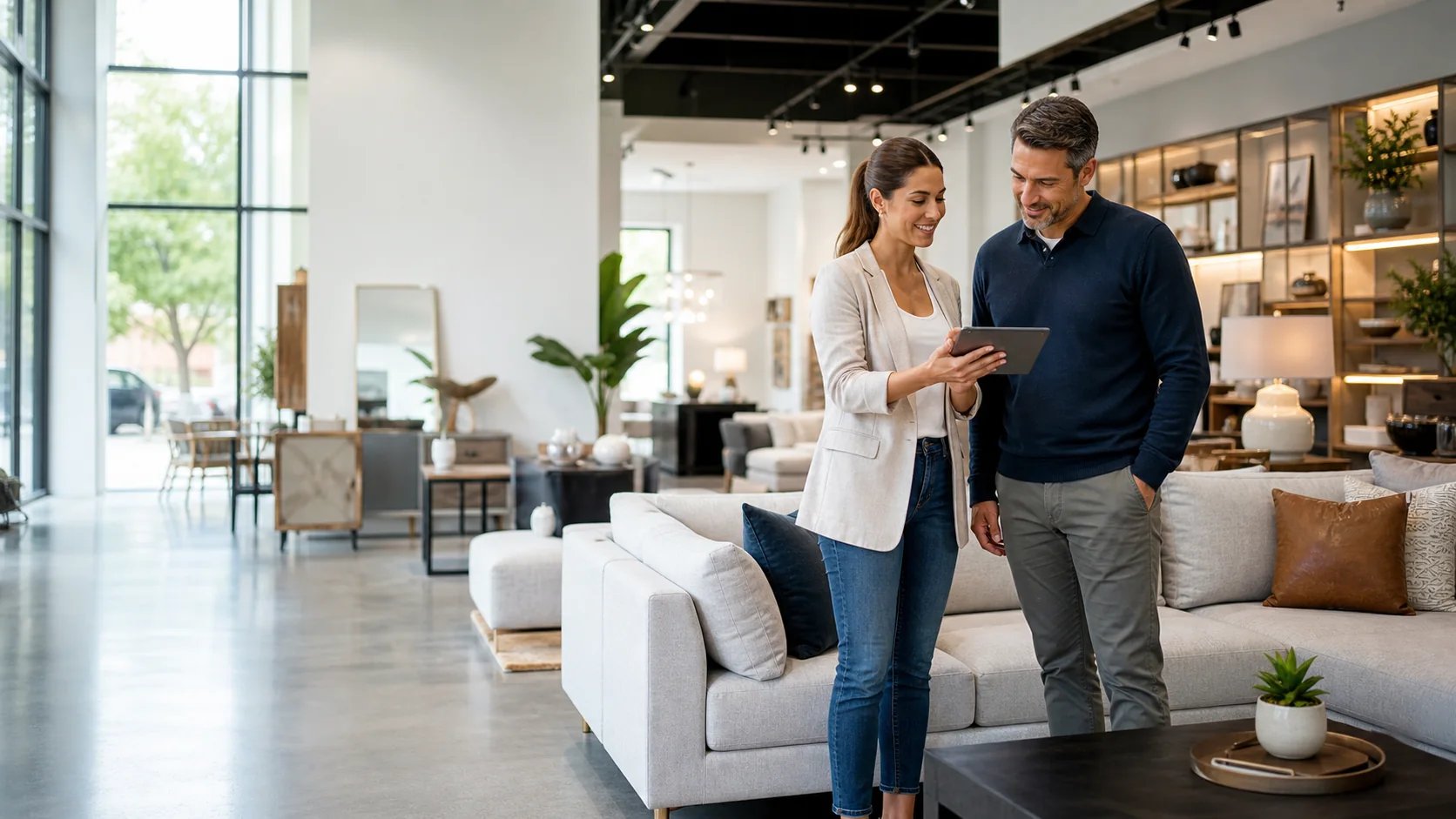 Retail sales associate using business texting software with a showroom customer