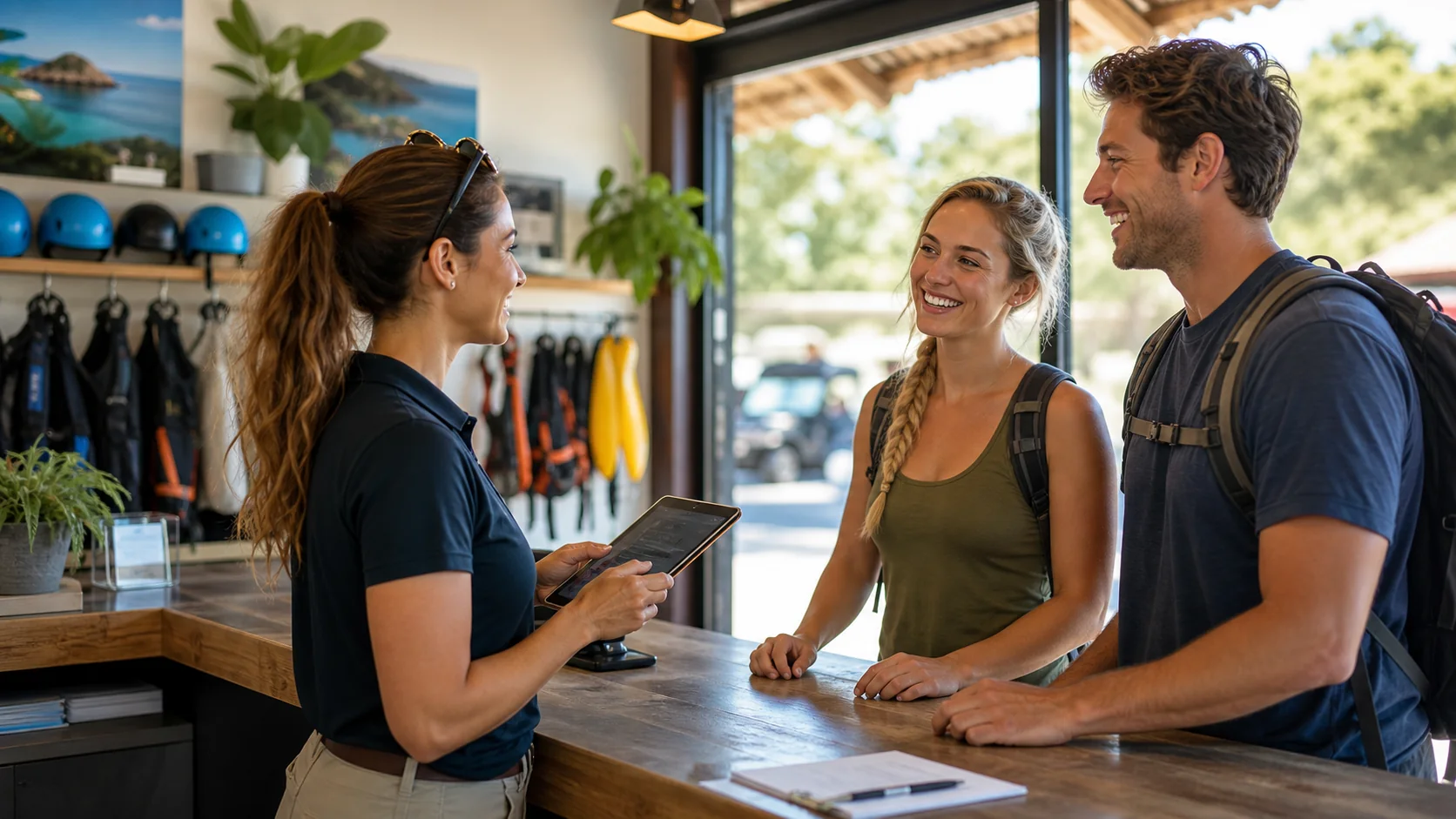 Tour operator staff using guest messaging and review automation software before an activity