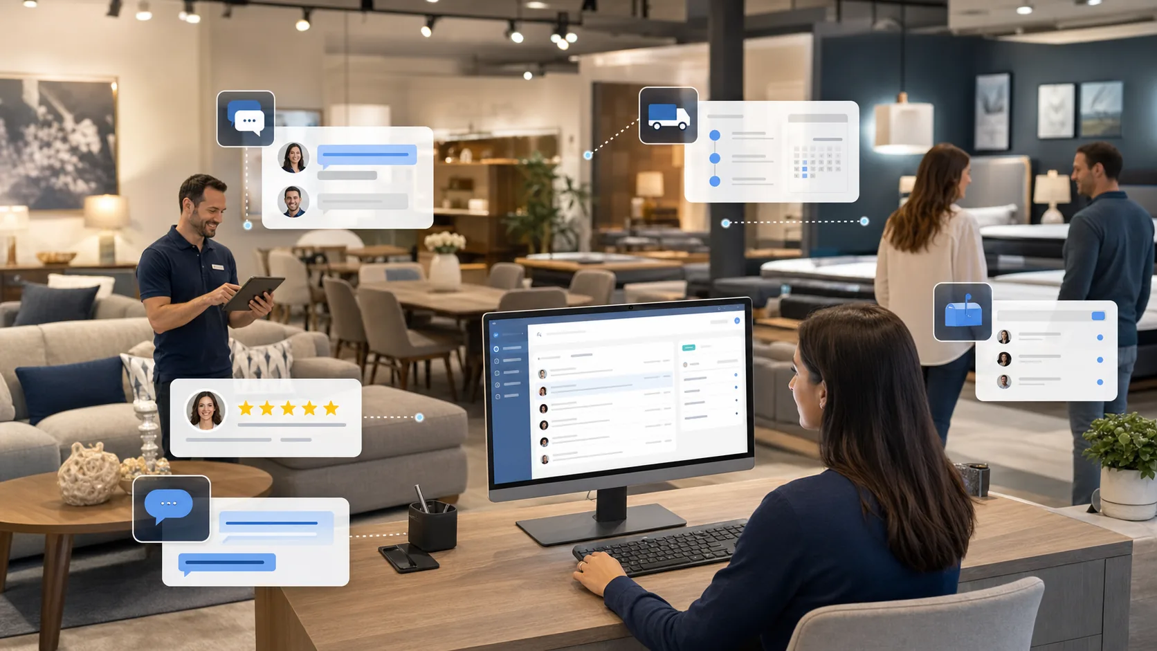 Furniture retail showroom with customer messaging, delivery scheduling, review, and webchat software overlays.