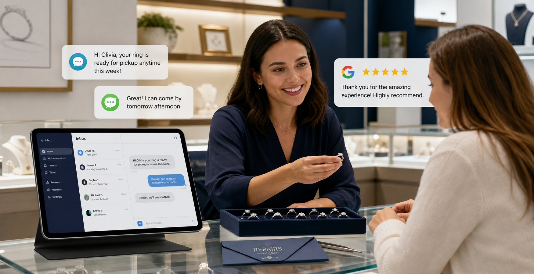Jewelry store business texting and review automation workflow