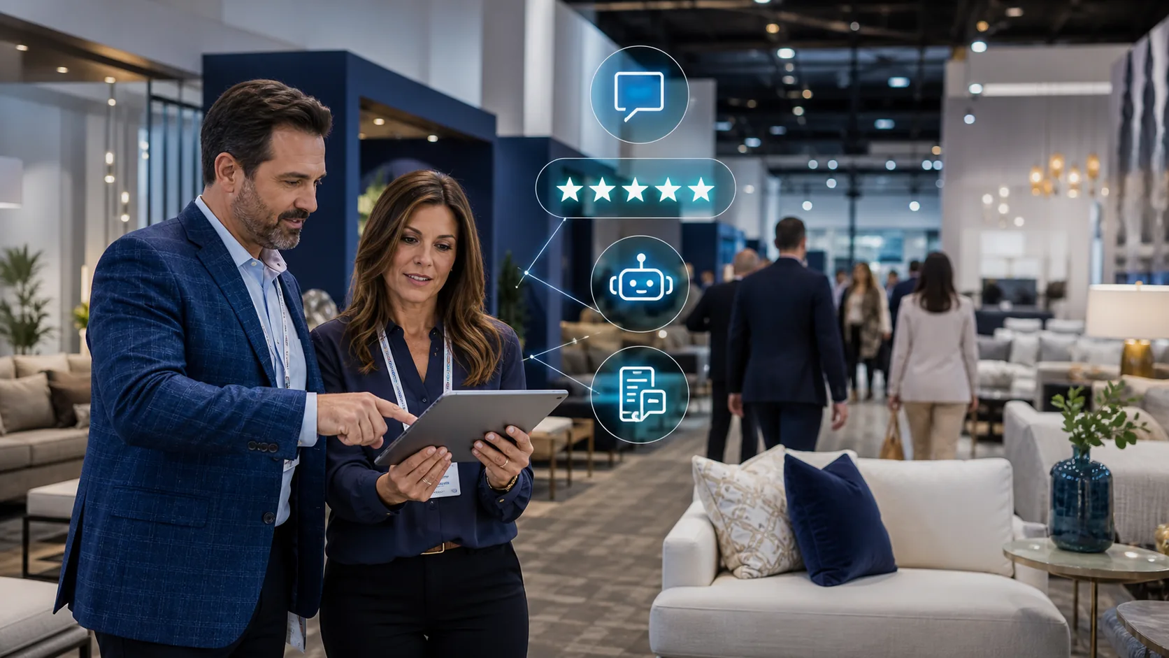 Furniture market showroom buyers reviewing customer communication, AI webchat, and review software on a tablet.