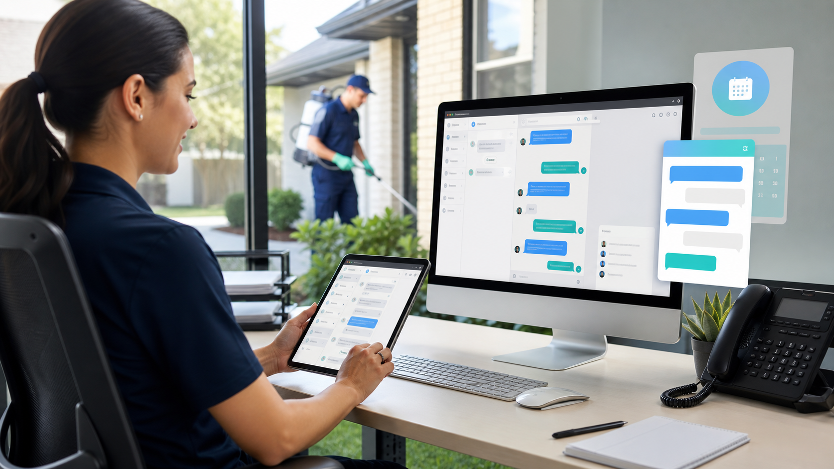 Pest control office using business texting templates and automated customer messaging